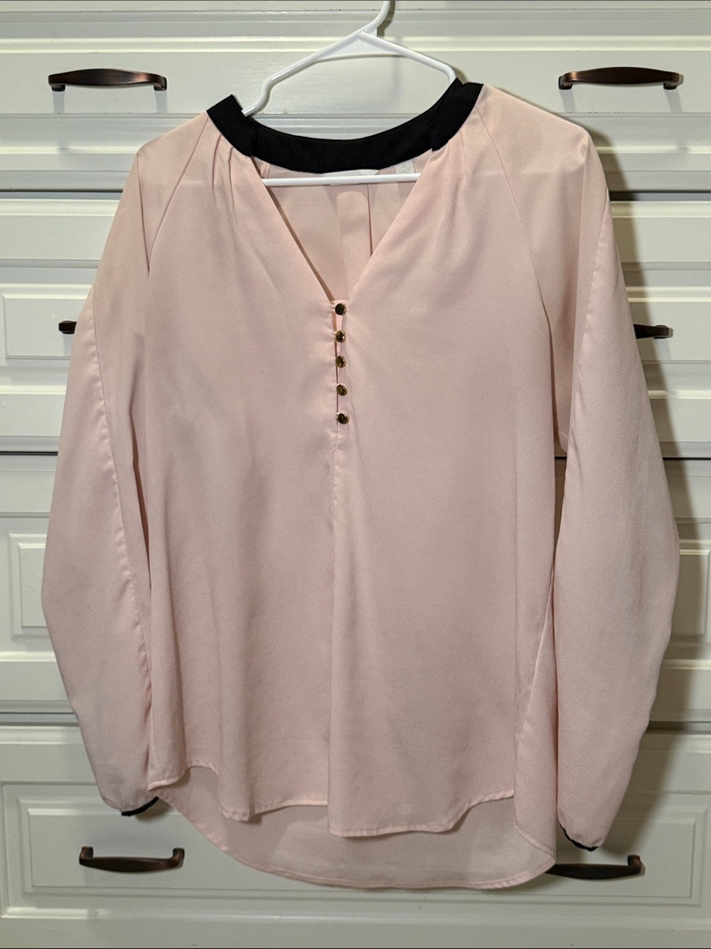 New York & Company Blush Pink Long-Sleeve Blouse with Black Collar